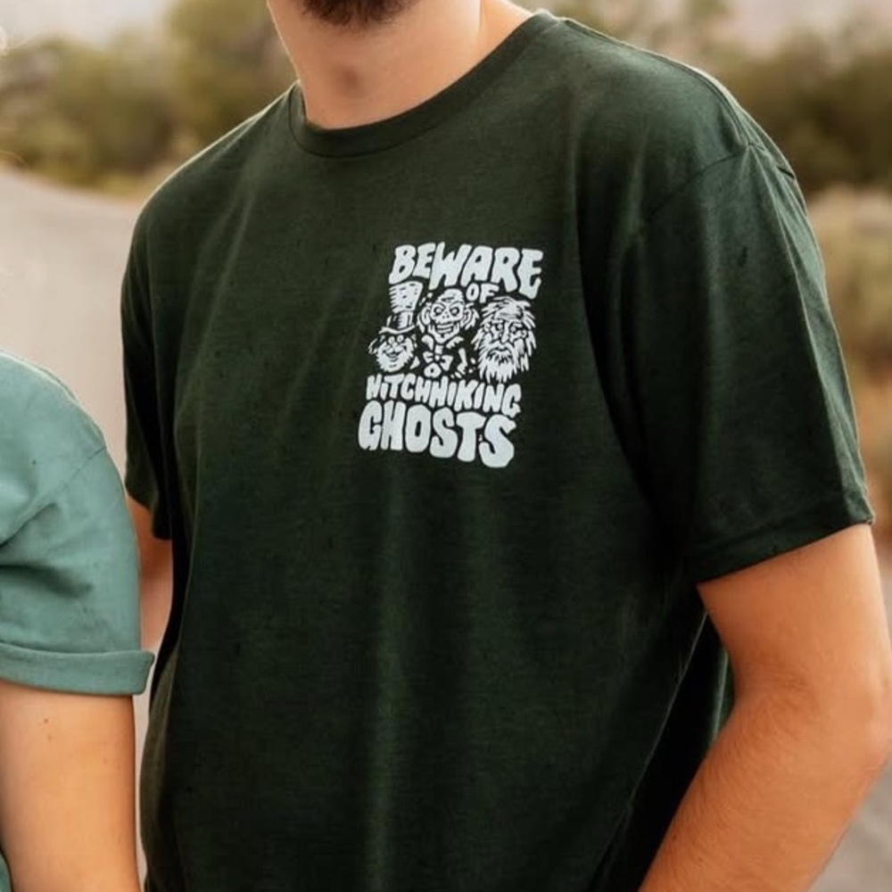 Flying House Threads Beware of Hitchhiking Ghosts T-Shirt - Forest Green